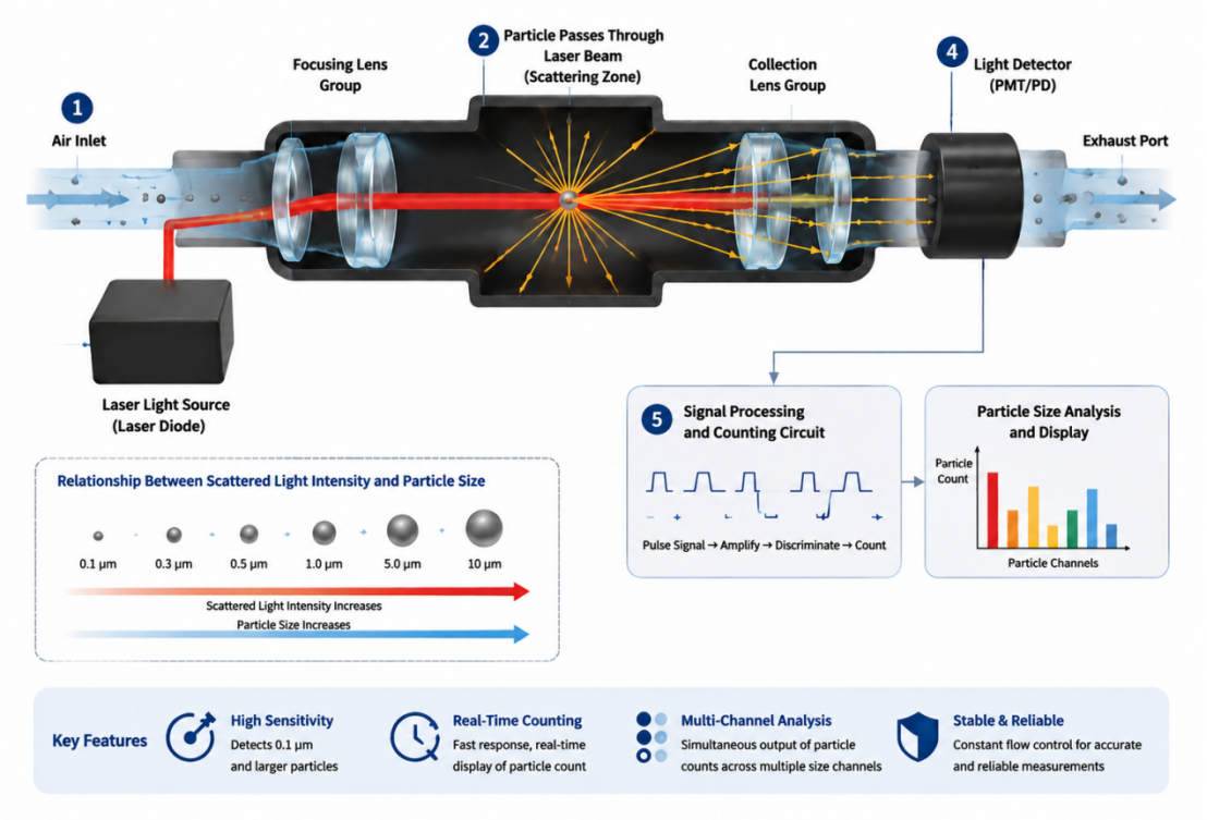 Particle Counters Principle Explanation Optical particle counter principle diagram